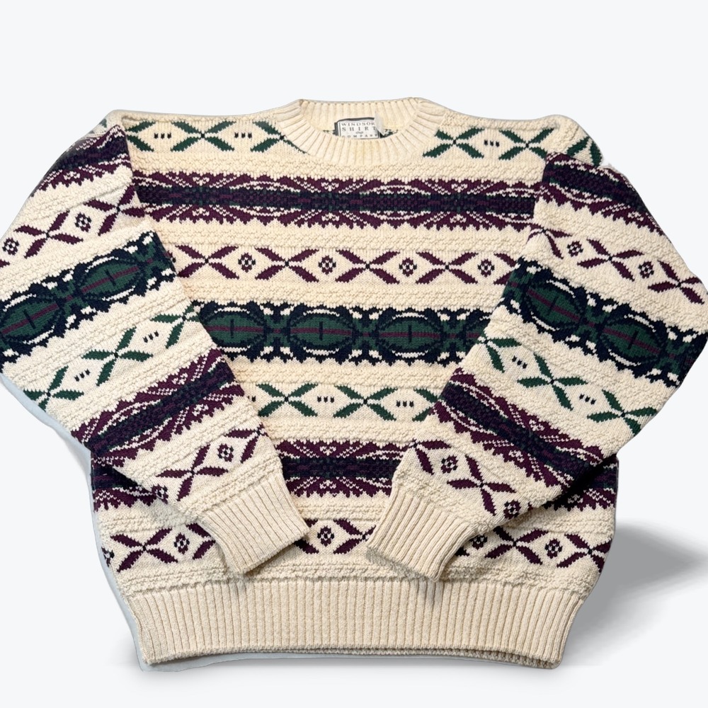 VTG Windsor Sweater 80s 90s Fair Isle Cotton Made USA Cream Purple Green Large